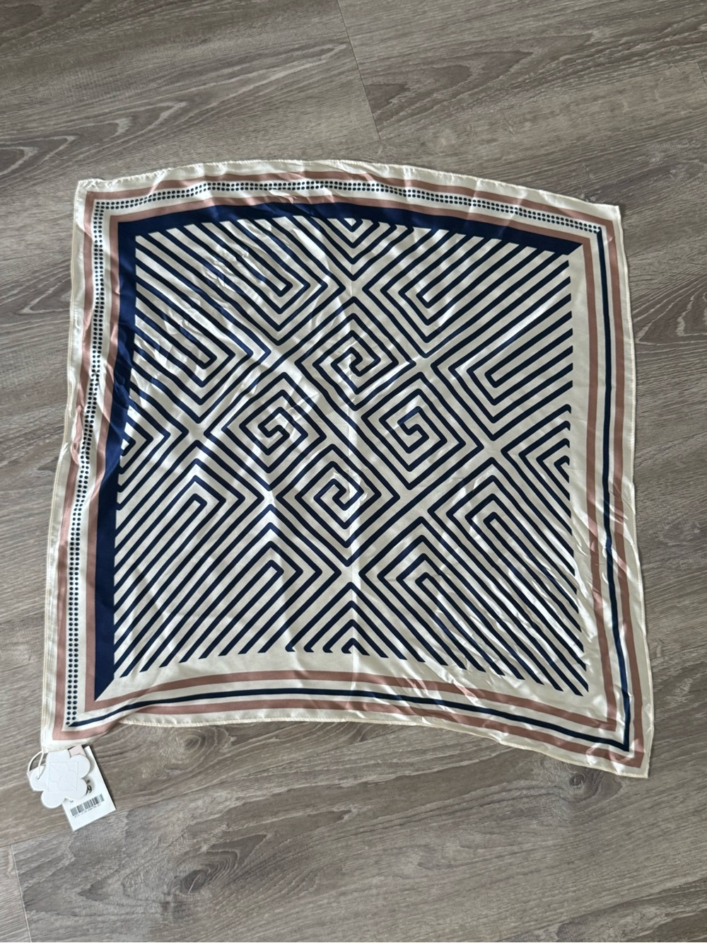 Neutral and Navy Geometric Silk-Feel Square Scarf